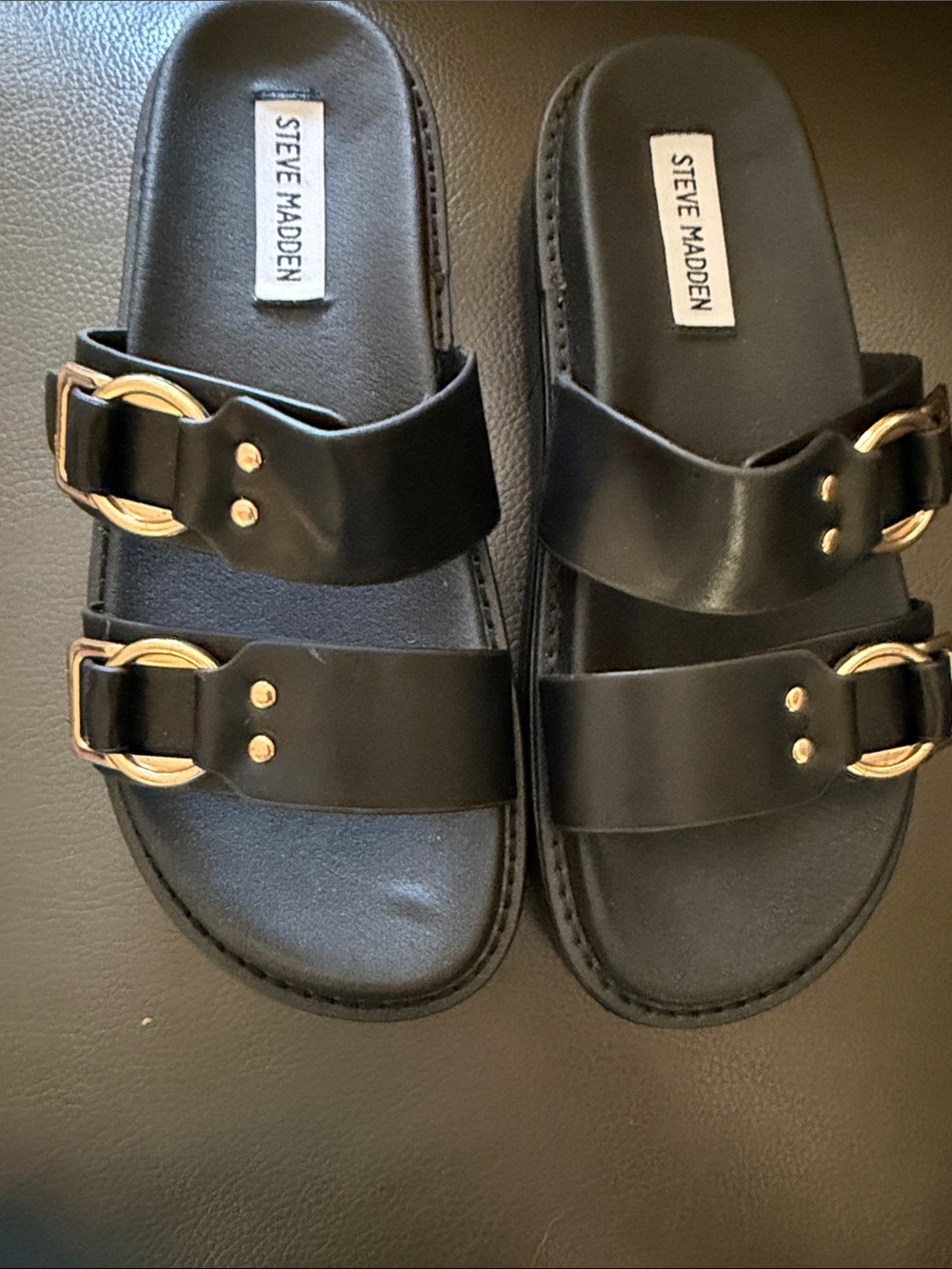 Steve Madden Black Double-Strap Slide Sandals with Gold Buckles